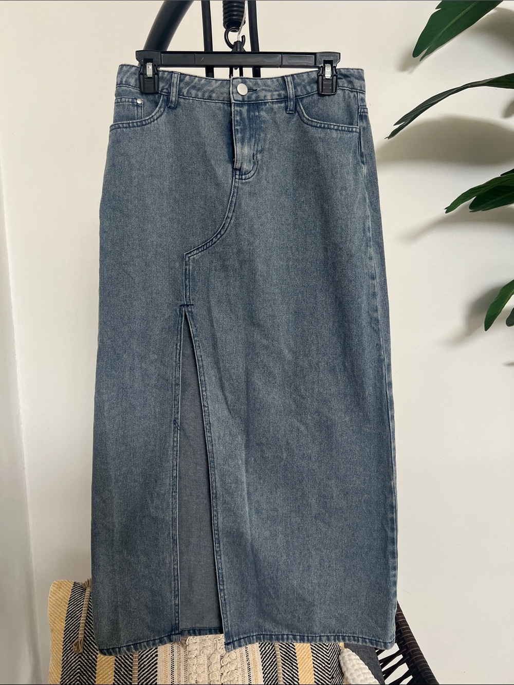 Women's High-Waist Denim Midi Skirt with Front Slit - Blue